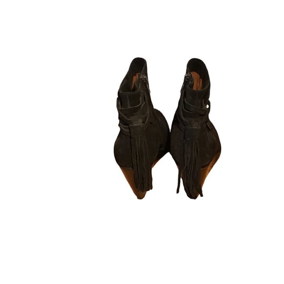 Nwt - FRYE - CeCe Tassel Lace Black Suede Stacked Wedge Heel Booties - Size 7.5M - Picture 7 of 13